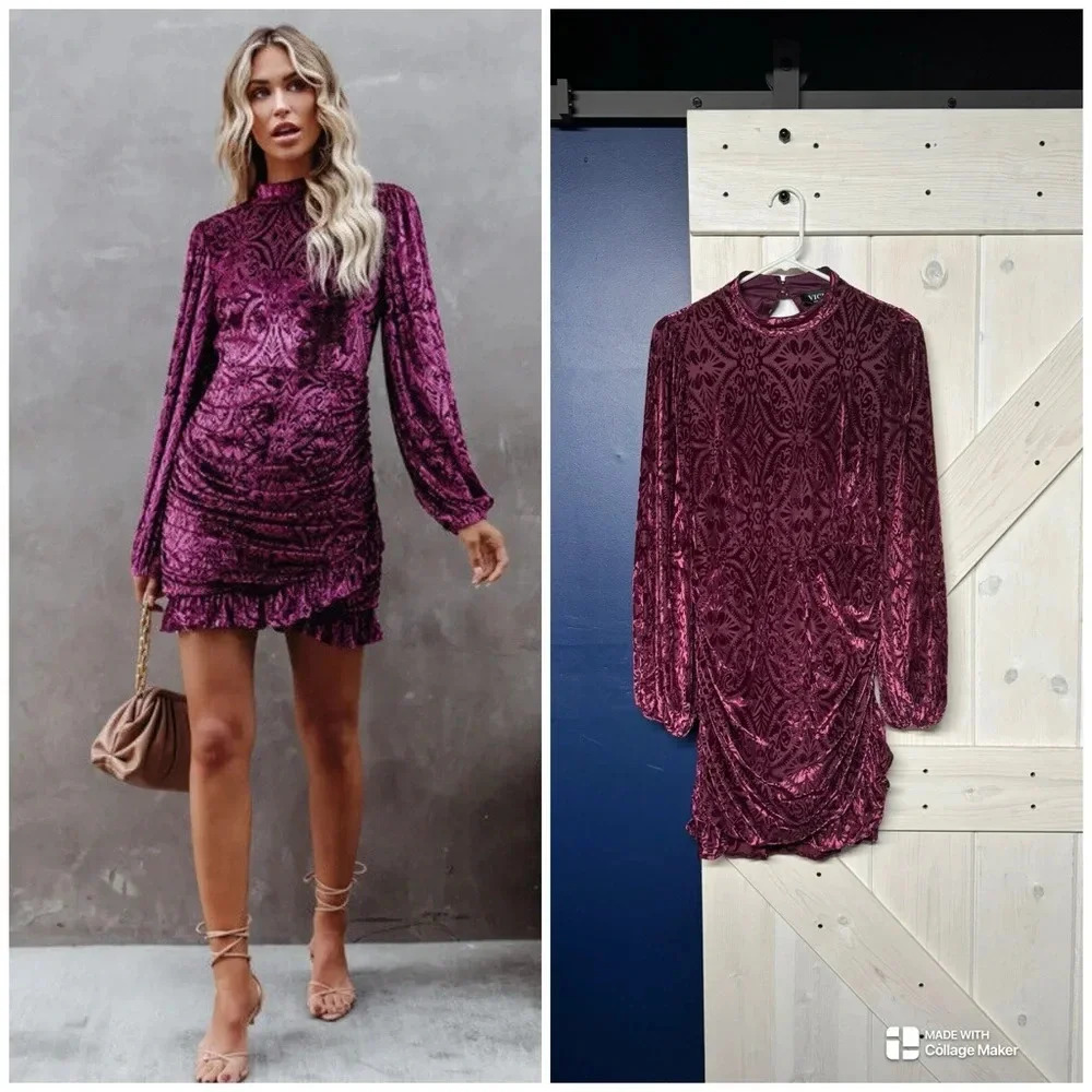 VICI Velvet Ruched Purple Long Sleeve Open Back Mini Dress Medium - Picture 2 of 7